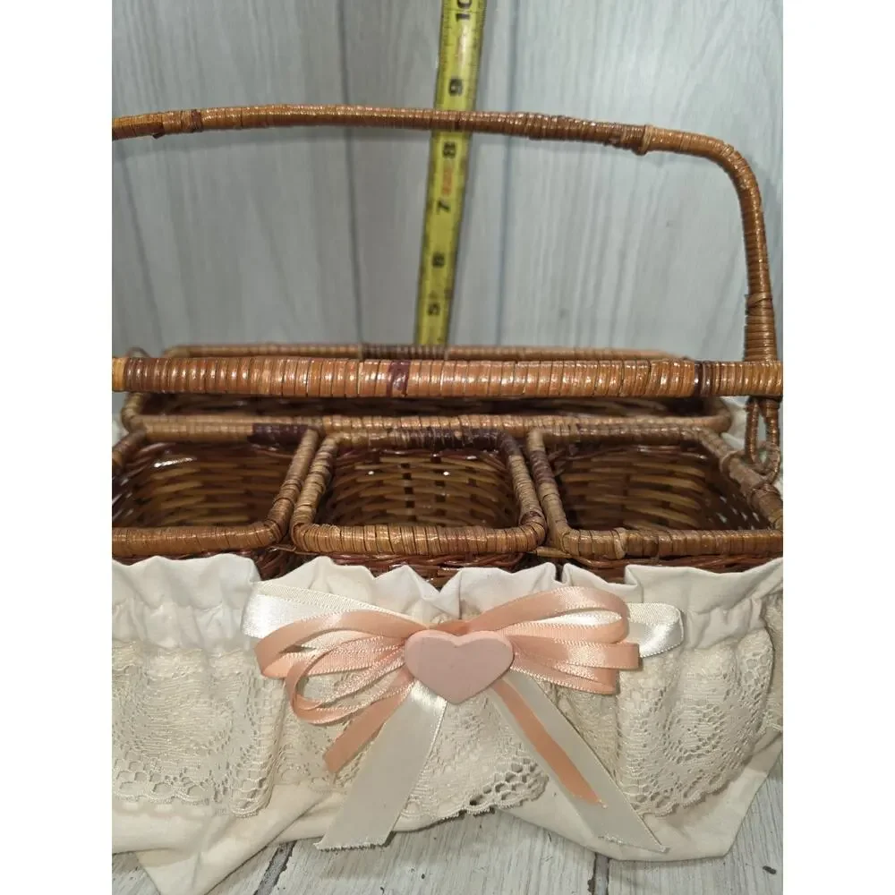 Vintage Wicker Basket Storage Caddy Silverware Picinic Organizer Heart Lace Bow